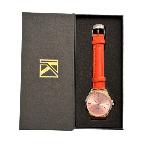 unbranded Accessories - Rose Gold Dial Watch with Bright Red Orange Leather Strap